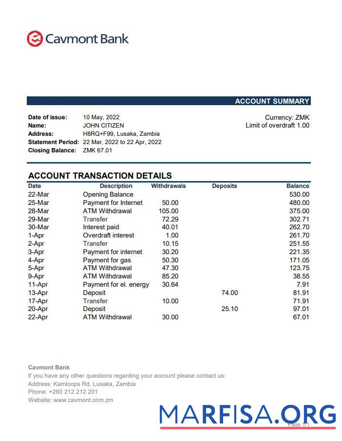 Downloadable Zambia Cavmont bank statement excel download for verification